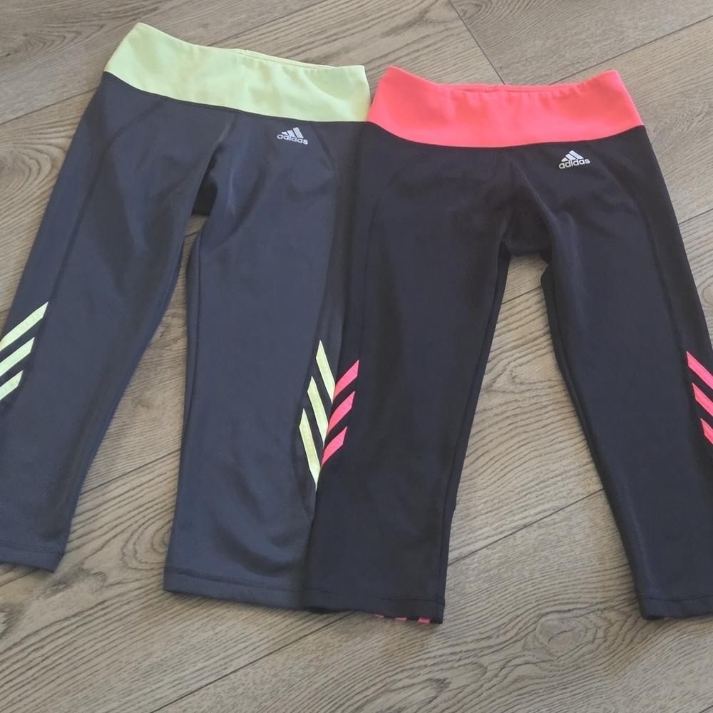 Adidas Women's Black Leggings with Neon Green and Pink Accents